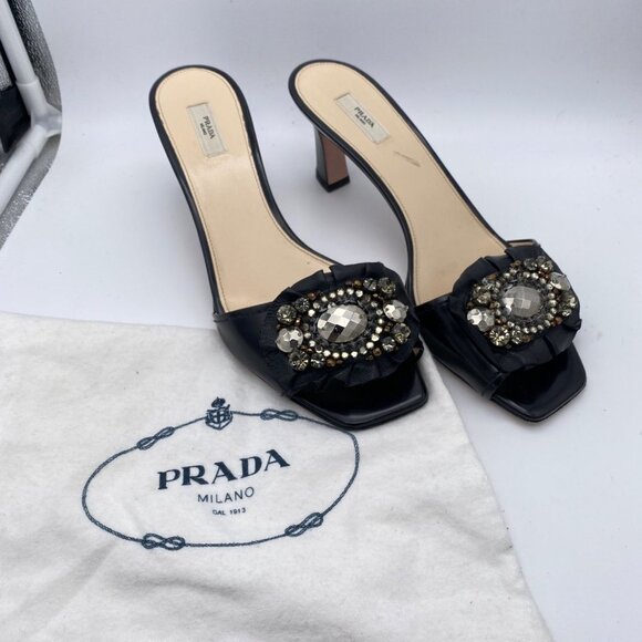 Prada Black Embellished Low Heels Size 36.5 Black Leather Square Toe Romantic - Picture 10 of 10